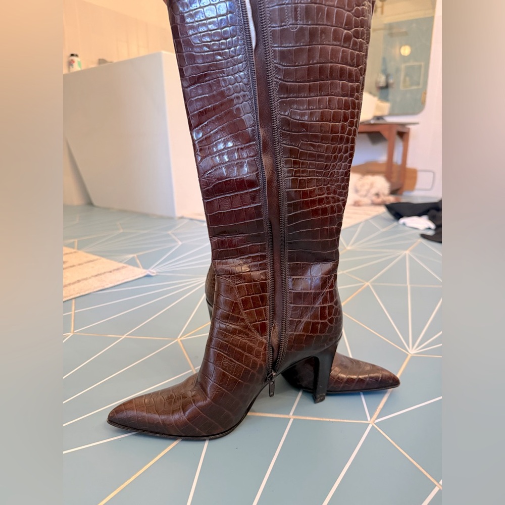 Via Spiga Brown Leather (Faux Croc) Boots - Picture 5 of 6